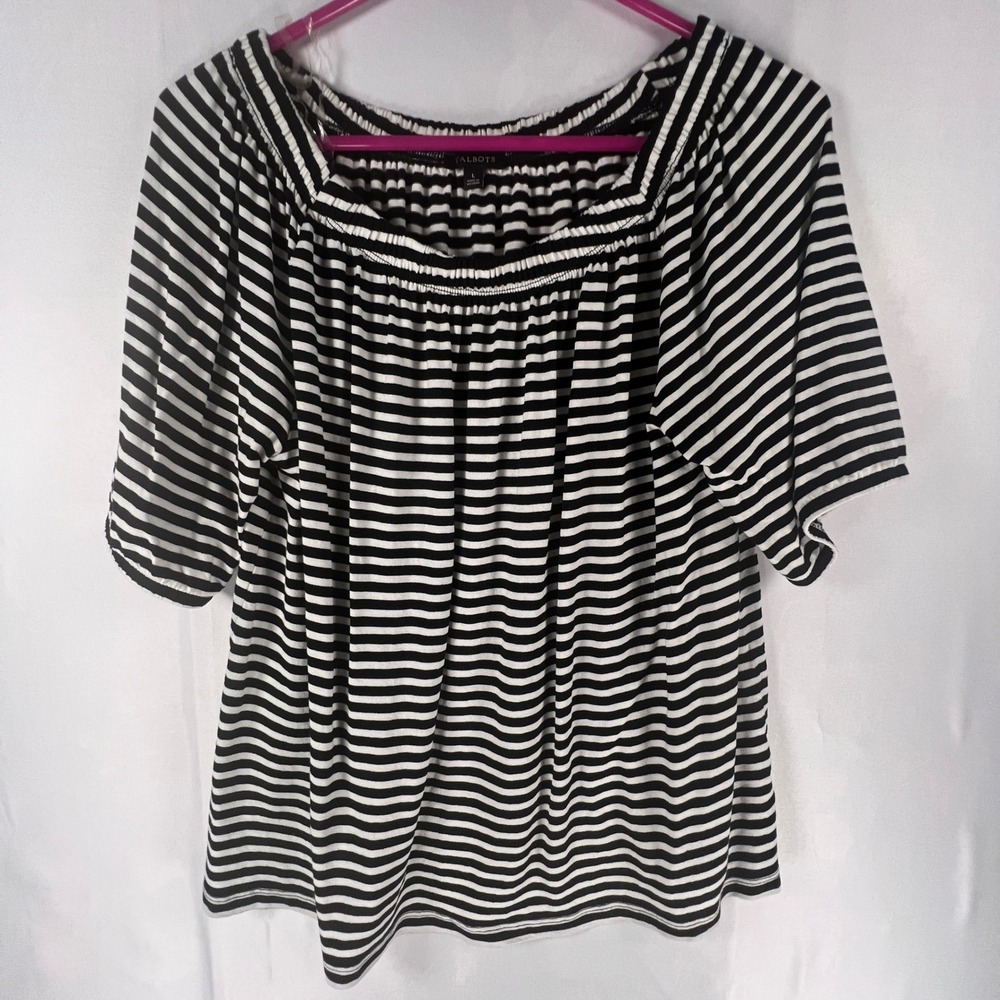 Talbots Womens Black White Striped Boat Neck Rayon Lyocell Knit Top Size Large